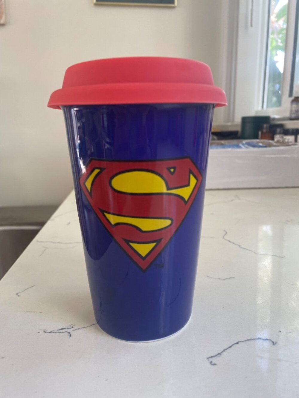 Superman Travel Mug With Red Silicone Lid Blue Ceramic With Emblem 6 Inches Tall